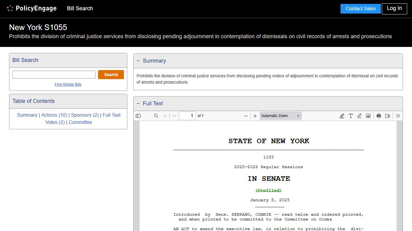 S1055 | New York 2025-2026 | Prohibits the division of criminal justice services from disclosing pending adjournment in contemplation of dismissals on civil records of arrests and prosecutions - Legislative Tracking | PolicyEngage
